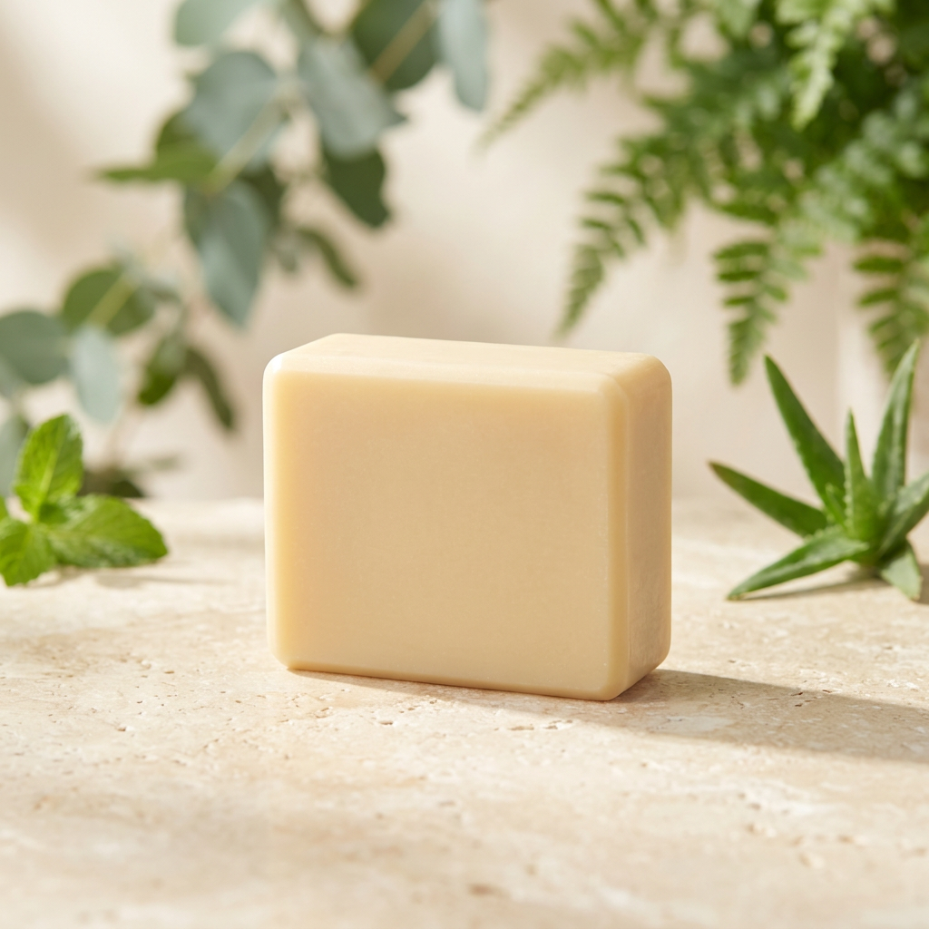Rectangular soap bar with a bright botanical spa background and aloe greenery